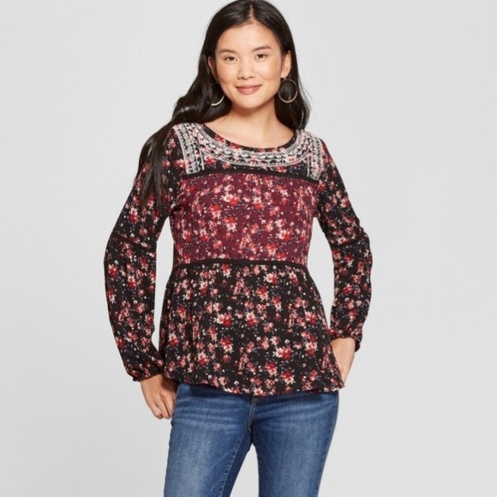 Knox Rose Dark Floral Long Sleeve Top Size XXL Tiered Boho Romantic Laced Back